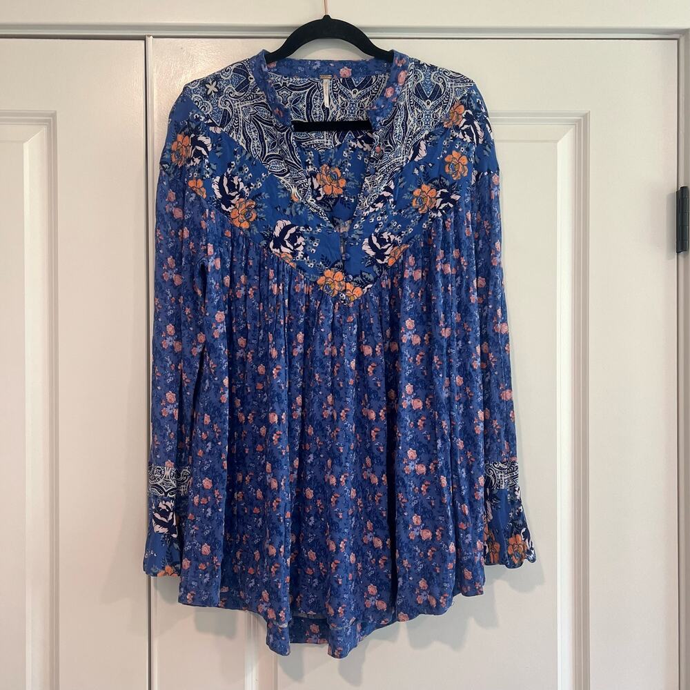 Free People Women's Longsleeve Mini Shift Dress‎ Blue Floral Prairie Size Large